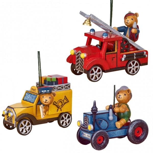 Hubrig Neuheit 2018 - Set 4 - Baumbehang Teddy - Feuerwehr, Postauto, Traktor